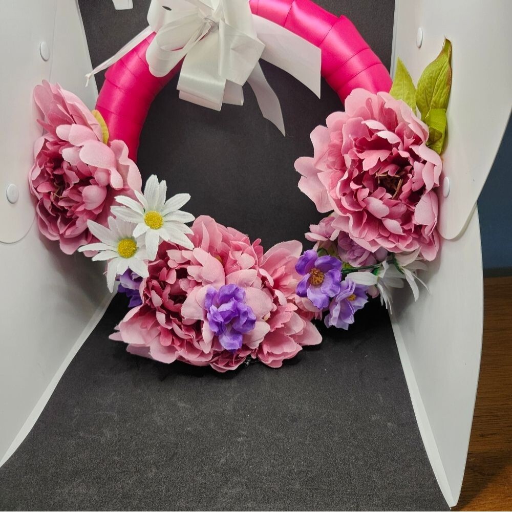 Hand Crafted Pink Peony Daisy Floral Wreath  Summer Door Wall Decoration